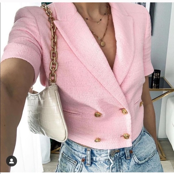 ZARA Buttoned Textured Weave Blazer Pink - Picture 10 of 11
